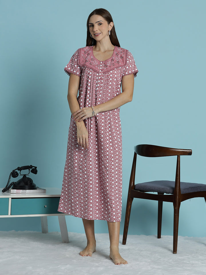 Rose pink chikankari pure cotton nighty for women
