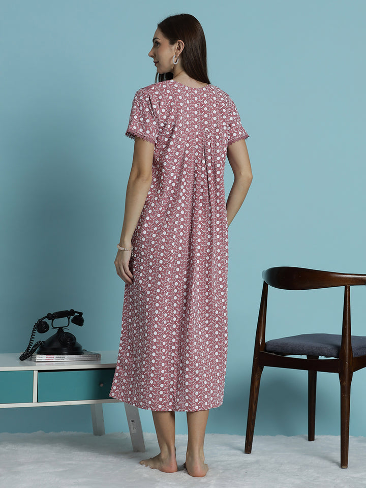 Rose pink chikankari pure cotton nighty for women