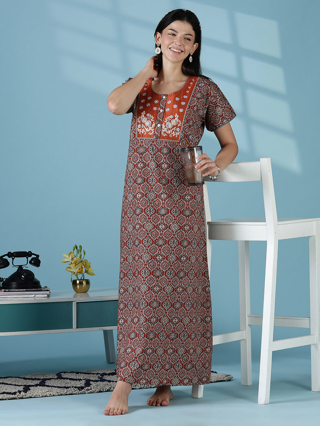 Clay brown 100% pure cotton nightgown for women in India