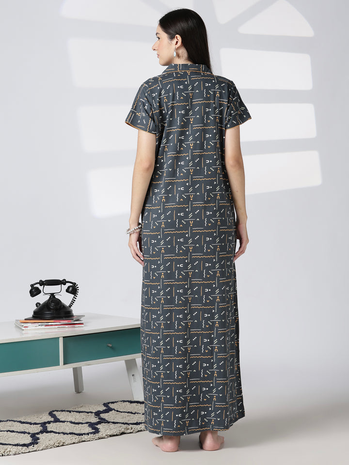 Premium front open nighty featuring a smart collar and a side pocket