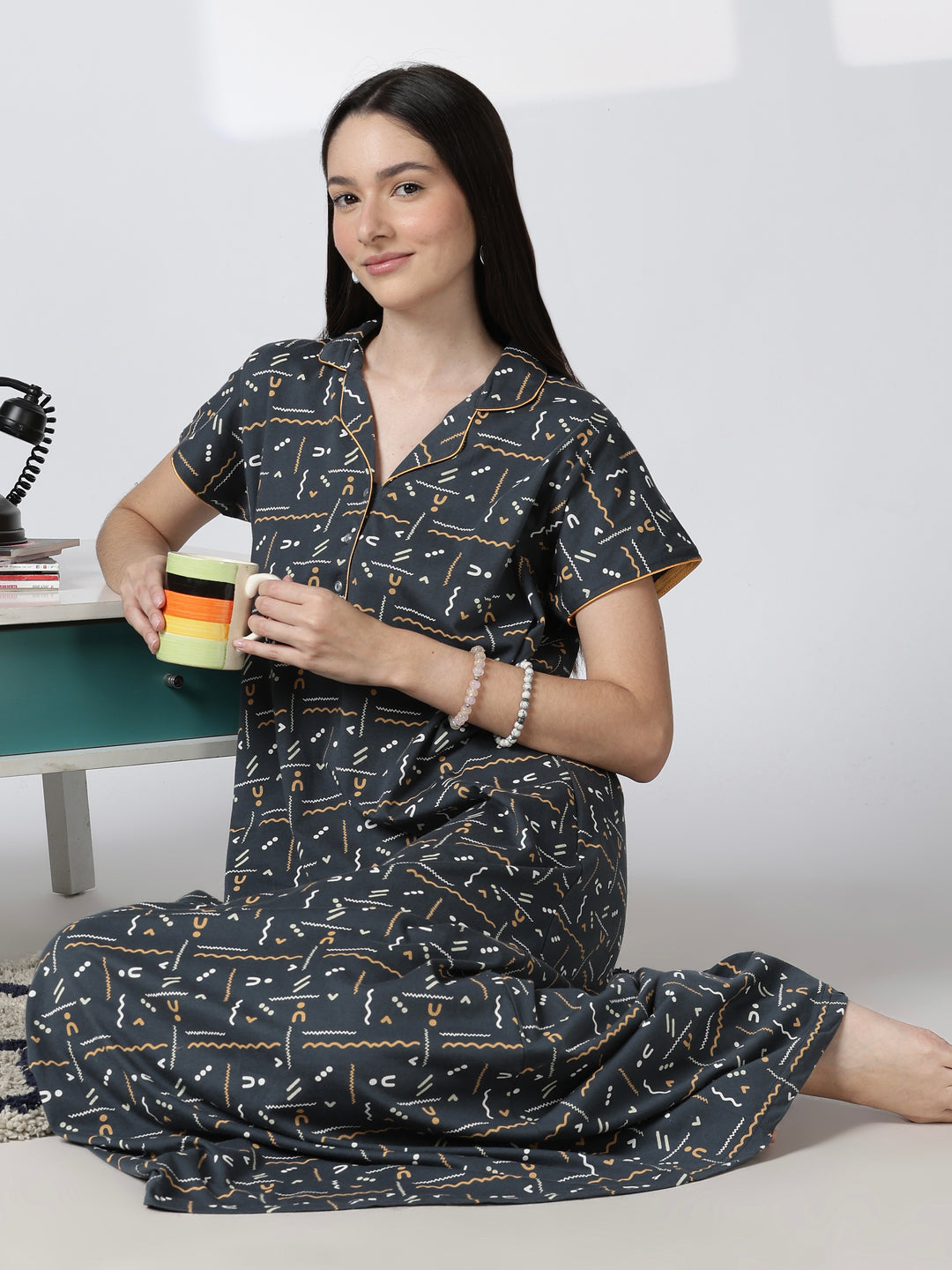 Premium front open nighty featuring a smart collar and a side pocket