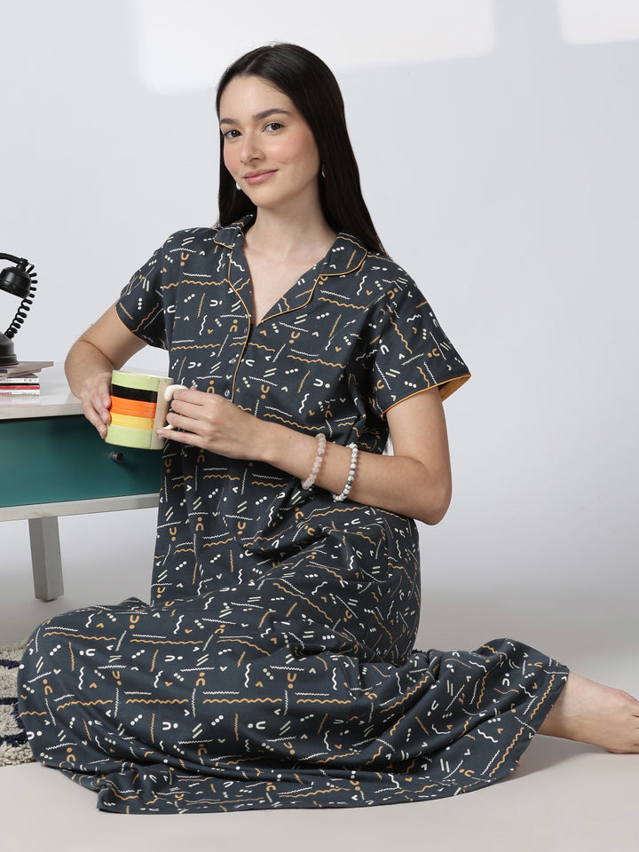 Premium front open nighty featuring a smart collar and a side pocket