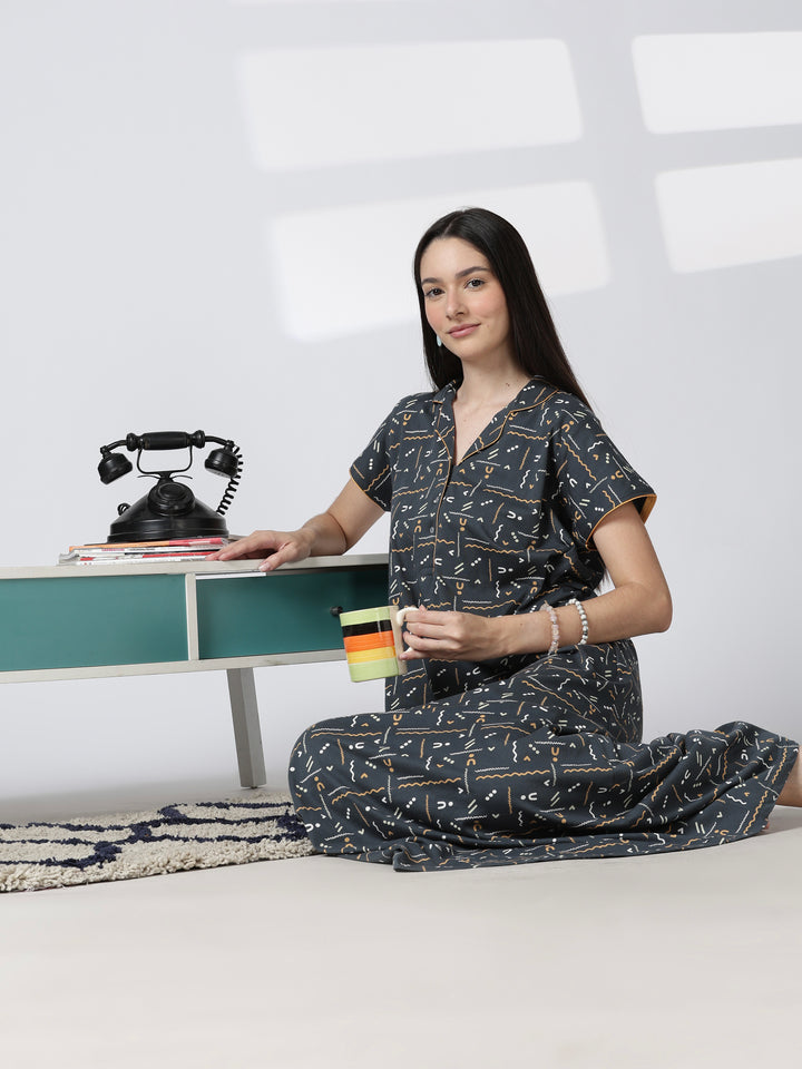 Premium front open nighty featuring a smart collar and a side pocket