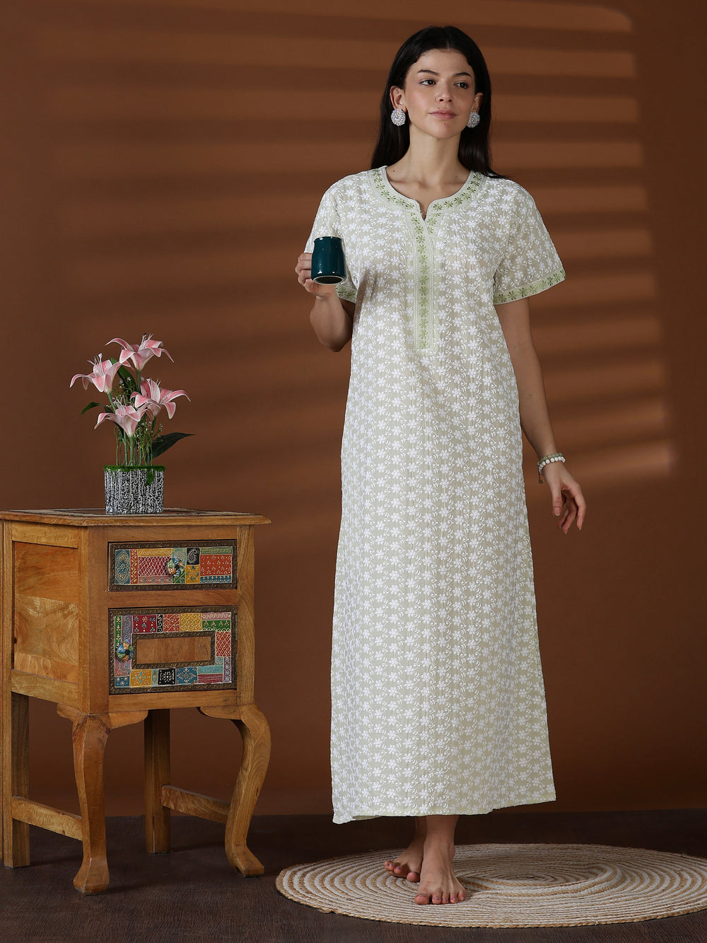 Green comfortable cotton chikankari nighty for women