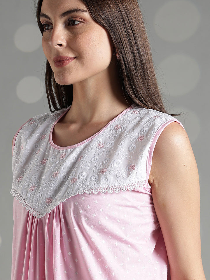 Pink cotton sleeveless nighty for women with comfortable relaxed fit