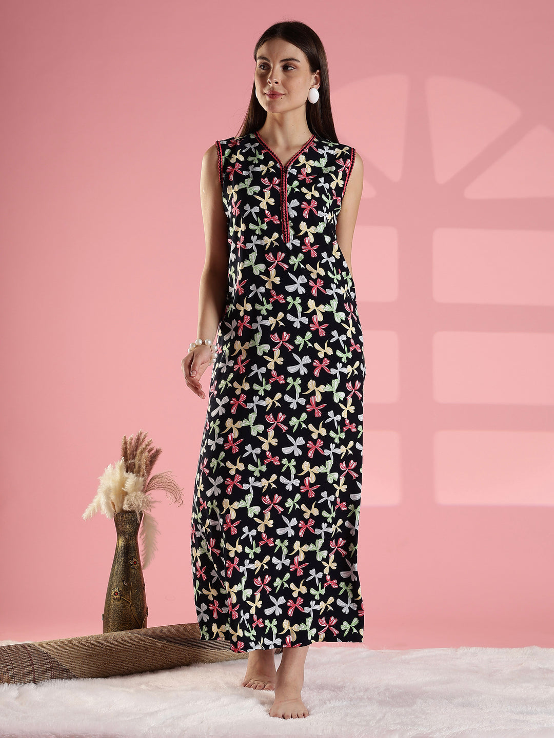 Black bow print comfortable summer nightwear for women