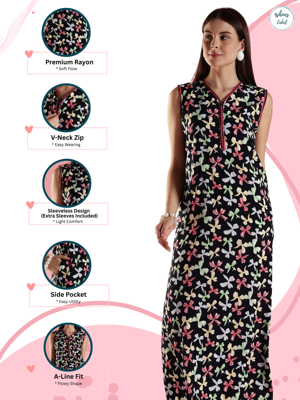 Black bow print comfortable summer nightwear for women