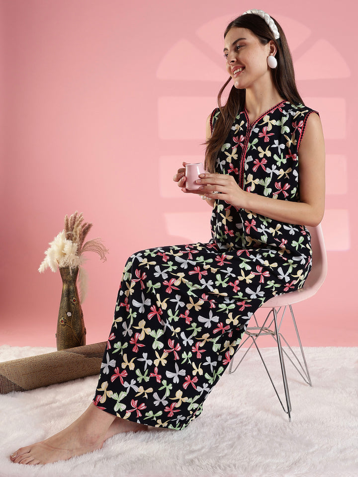 Black bow print comfortable summer nightwear for women