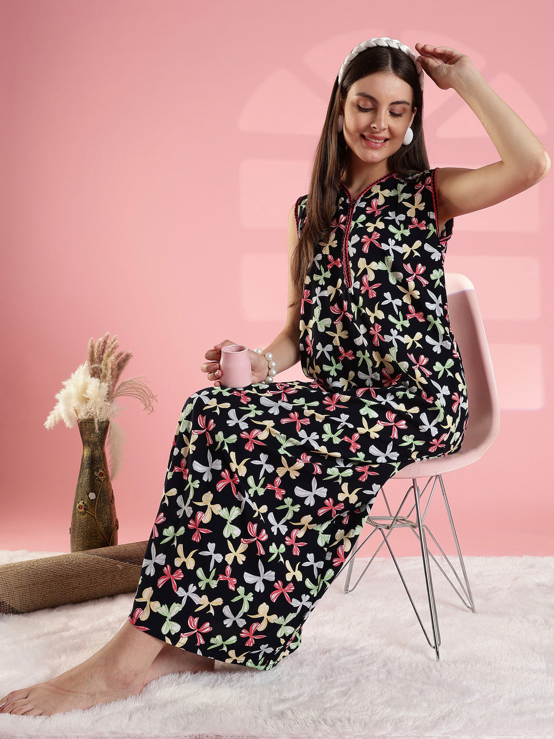 Black bow print comfortable summer nightwear for women