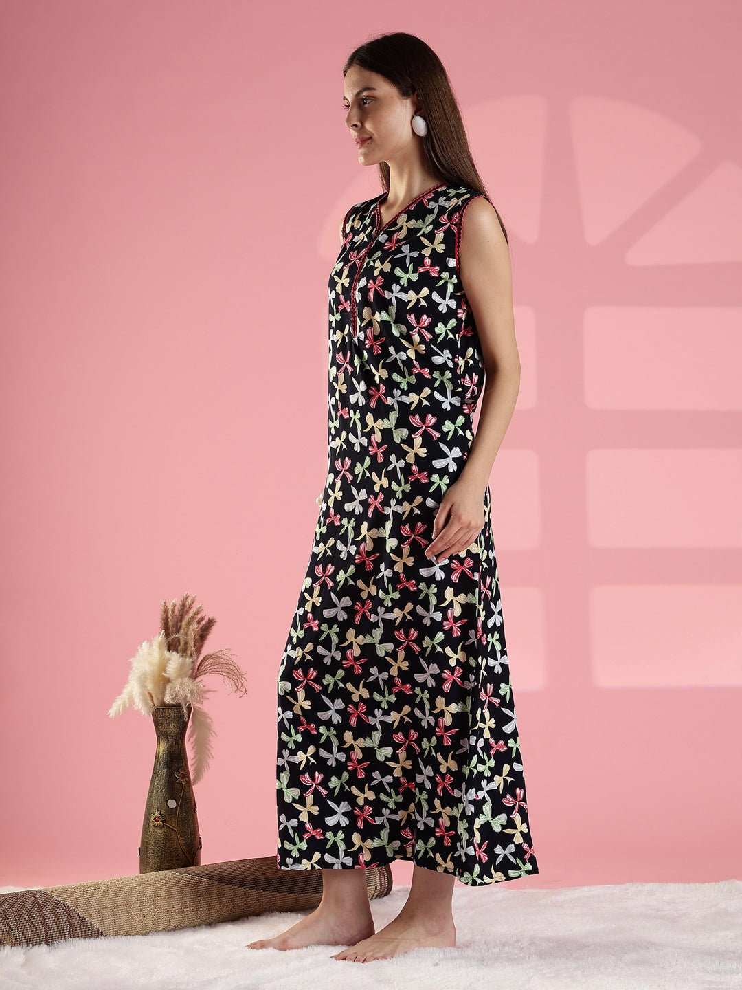 Black bow print comfortable summer nightwear for women