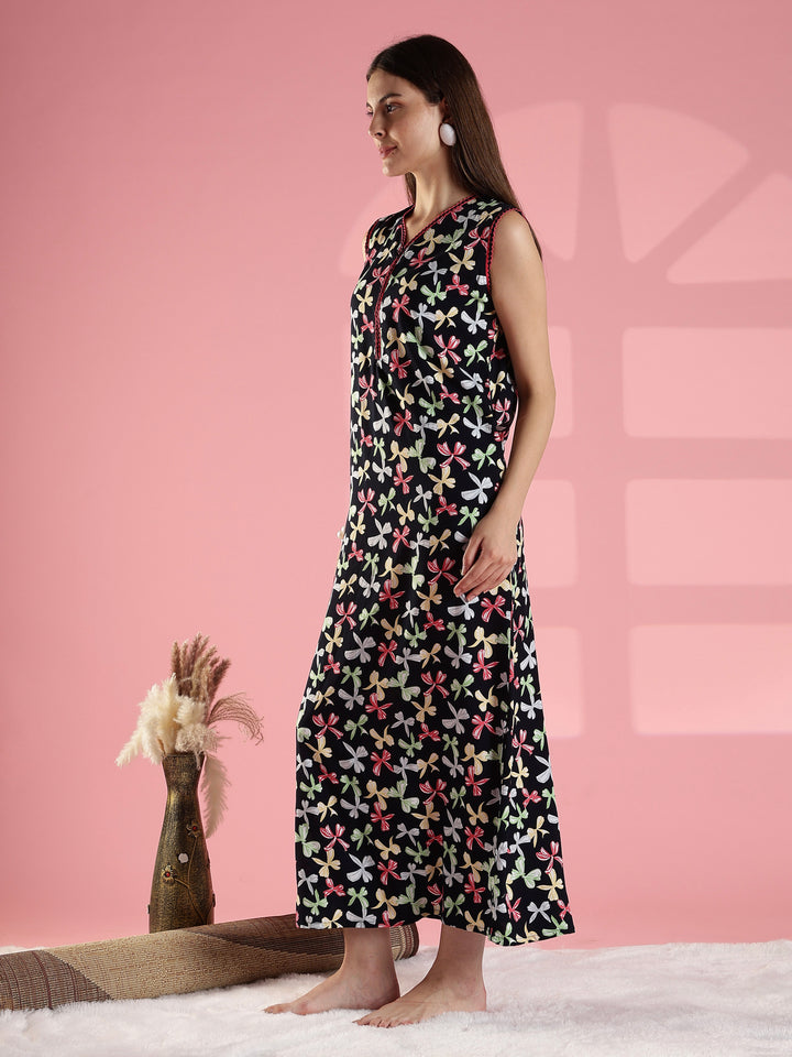Black bow print comfortable summer nightwear for women