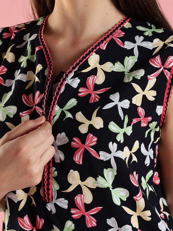 Black bow print comfortable summer nightwear for women