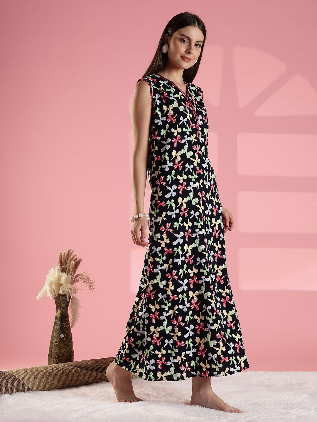 Black bow print comfortable summer nightwear for women