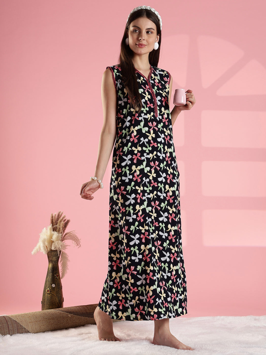 Black bow print comfortable summer nightwear for women