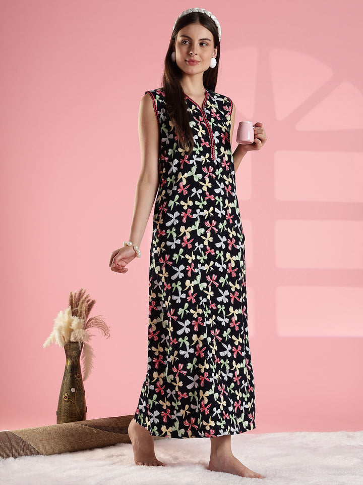 Black bow print comfortable summer nightwear for women