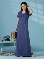 Indigo Floral Cotton Blend Summer Nightwear for Women Relaxed Fit
