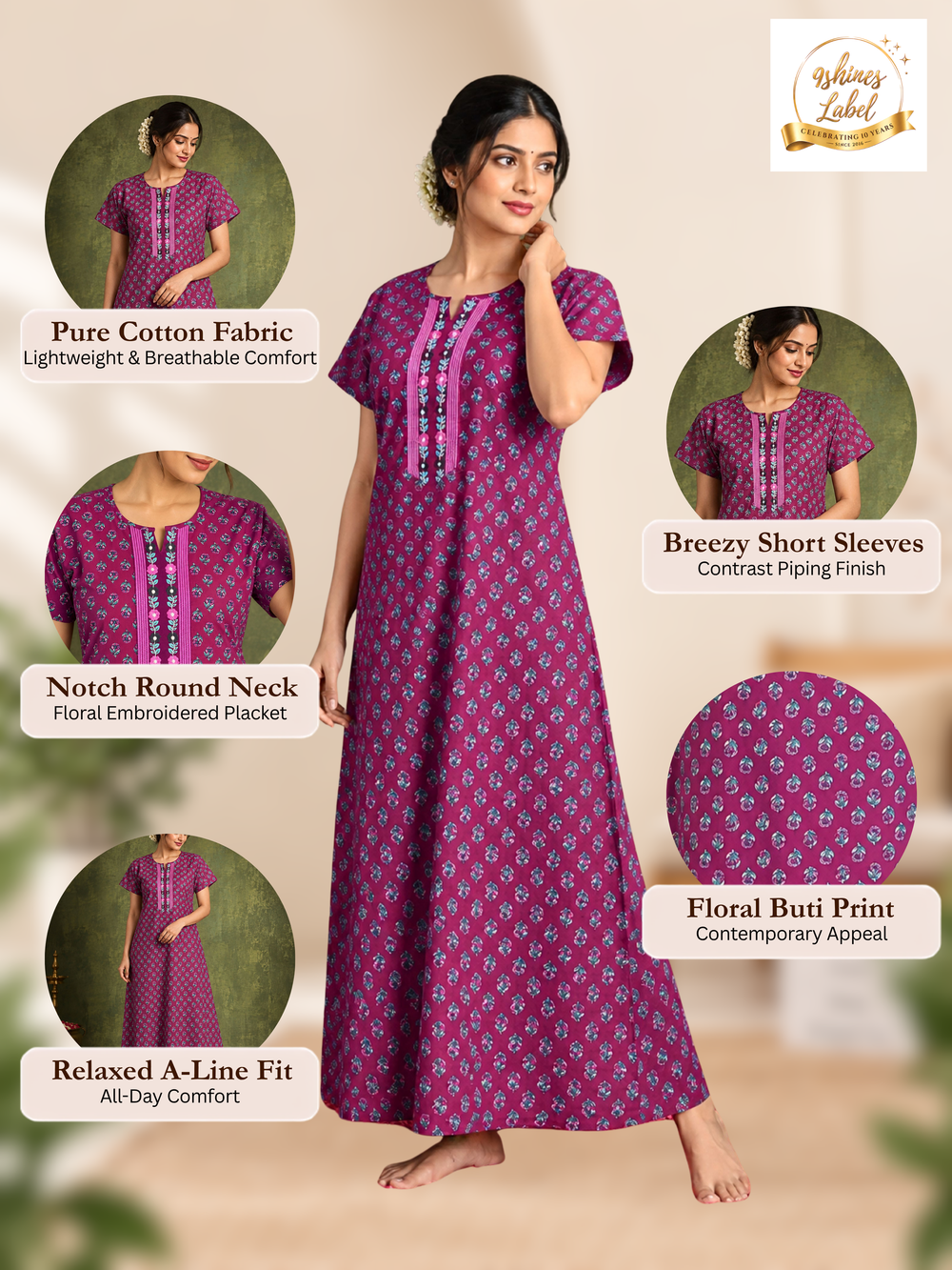 Comfy pure cotton nighty dress for women with pocket