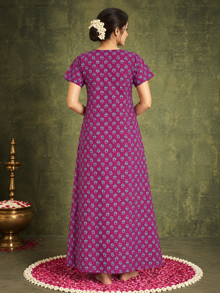 Comfy pure cotton nighty dress for women with pocket
