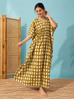 Relaxed Fit Cotton Kaftan for Women with Lace Detailed V Neck