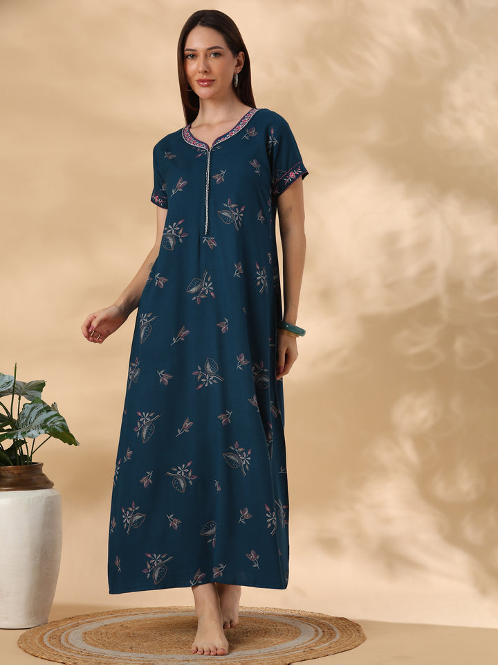 Posy teal botanical designer nighty for women online