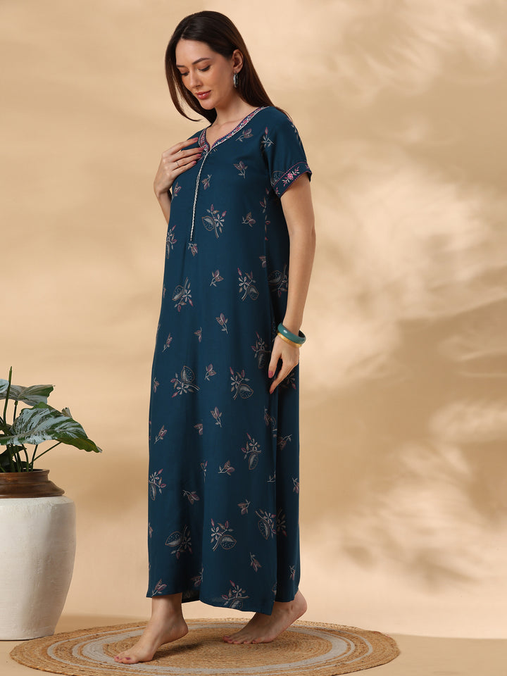 Posy teal botanical designer nighty for women online