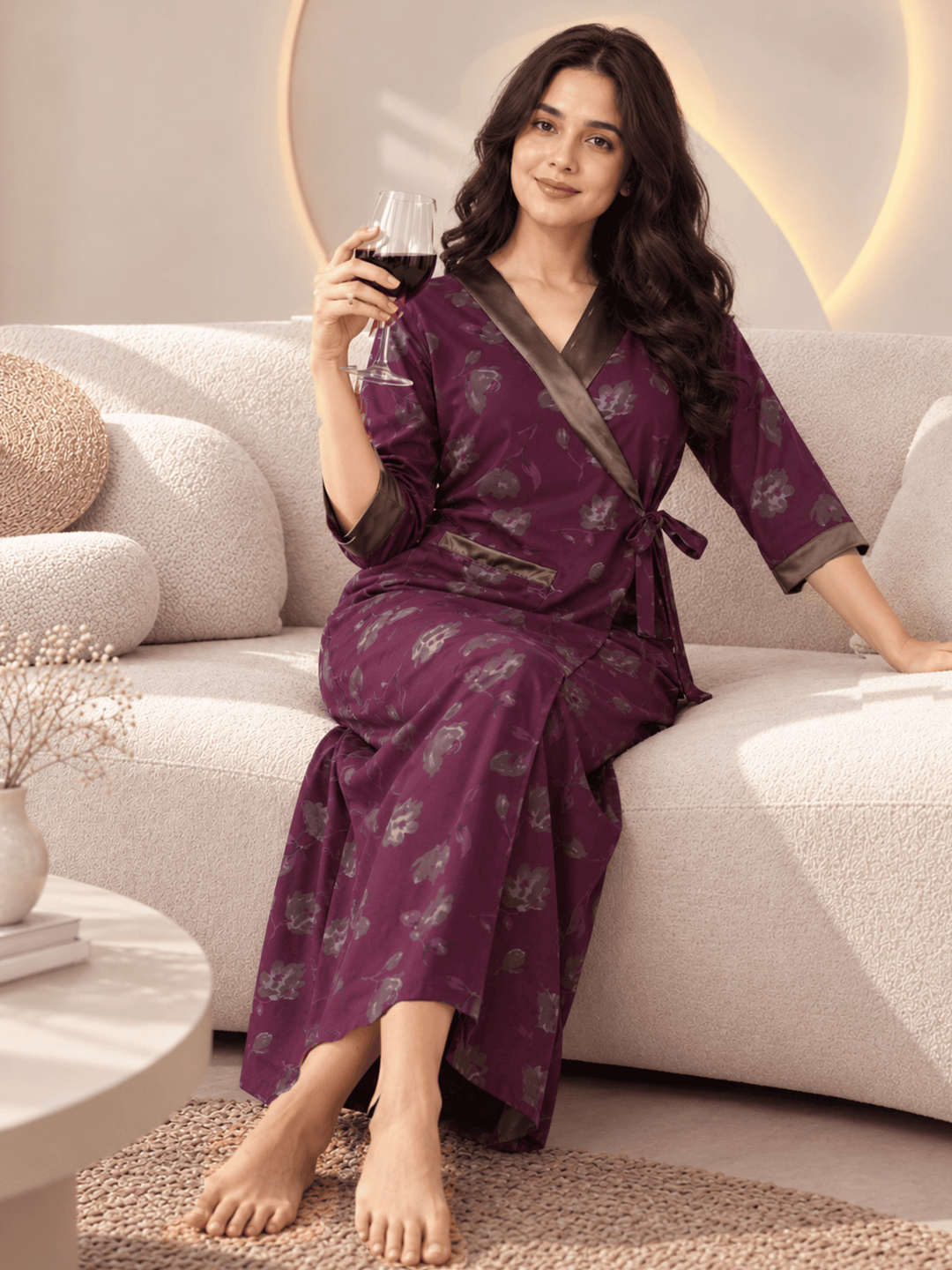 Plum orchid floral house coat for women with front pocket