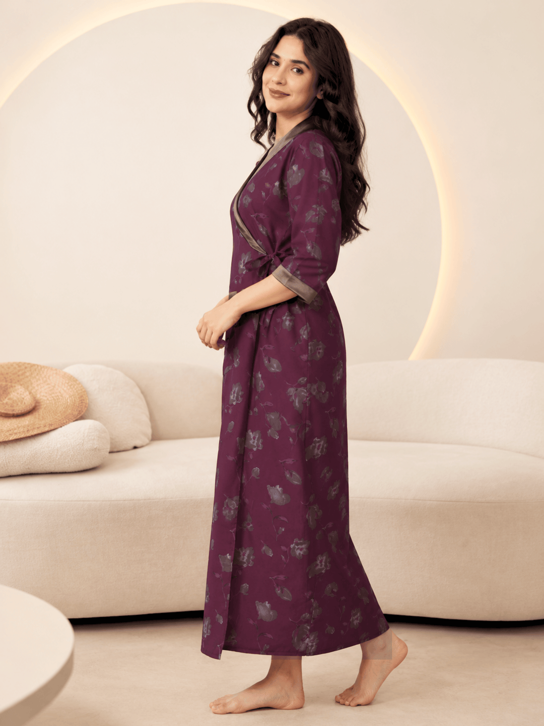 Plum orchid floral house coat for women with front pocket