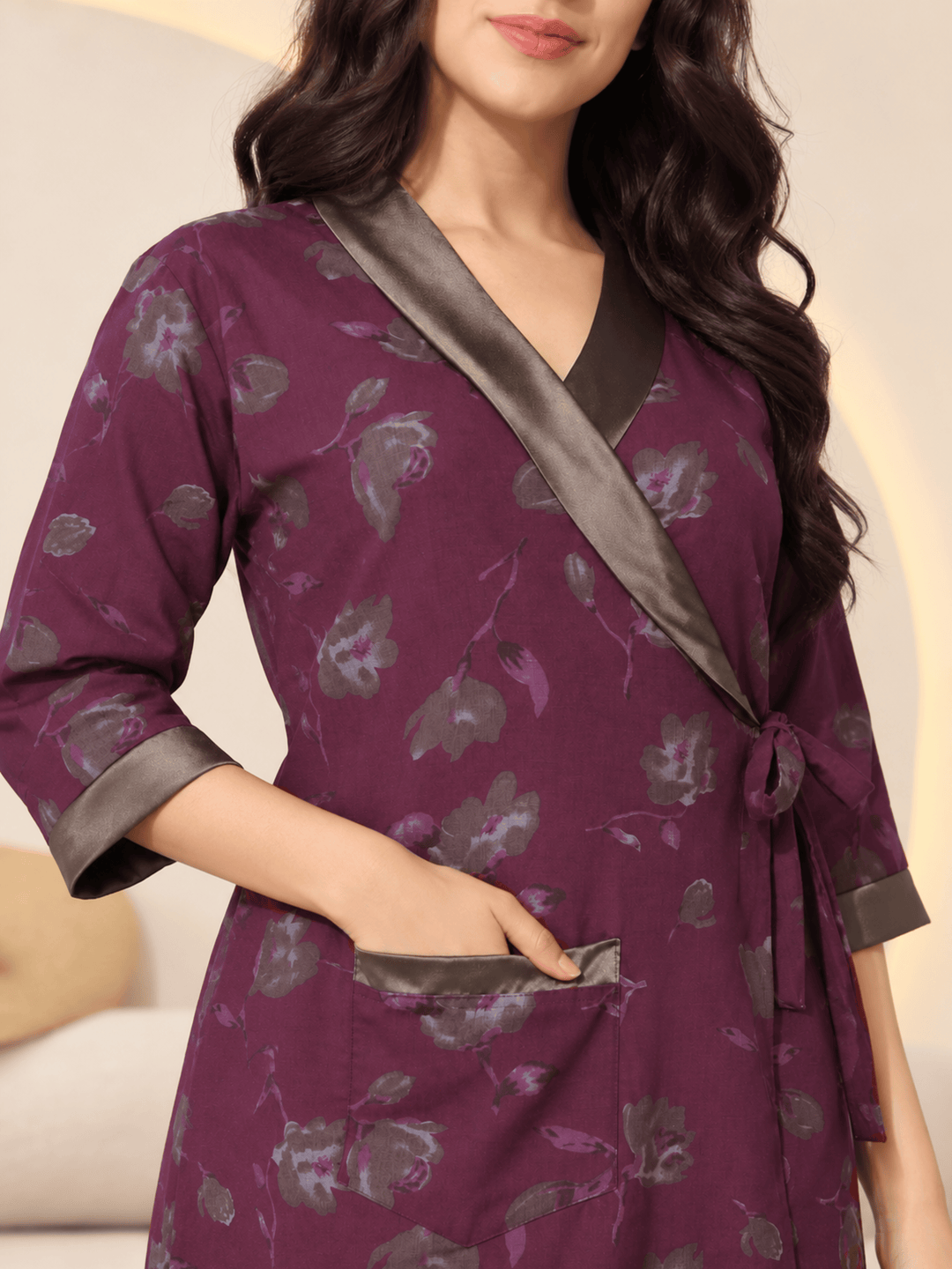 Plum orchid floral house coat for women with front pocket