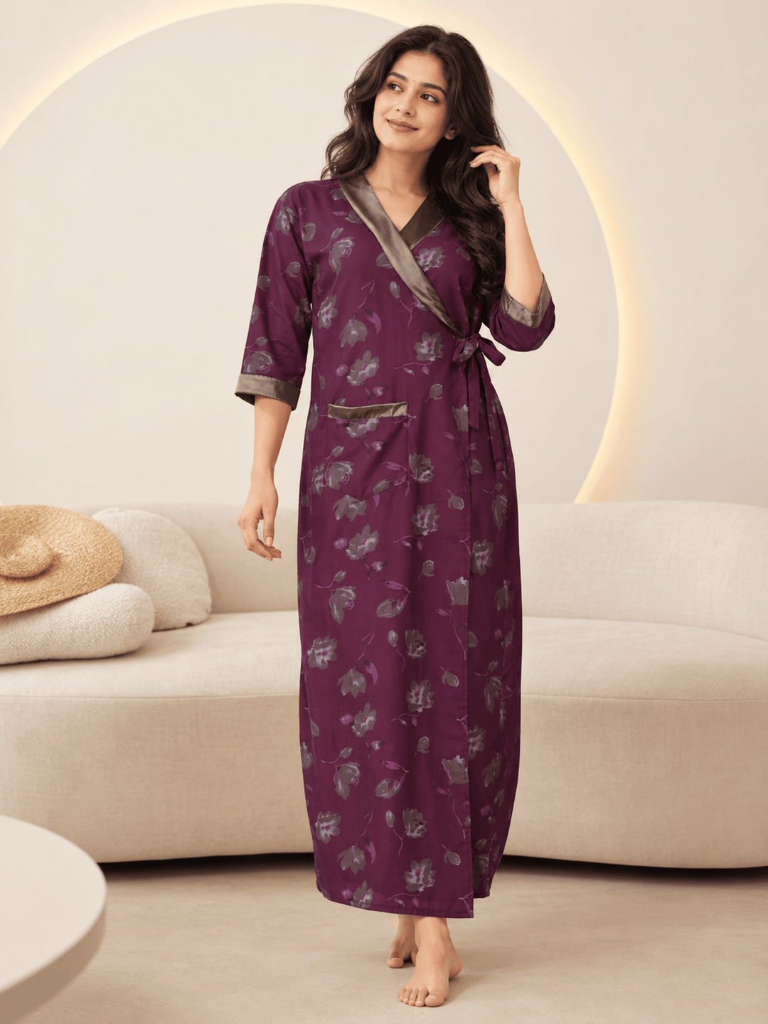 Plum orchid floral house coat for women with front pocket