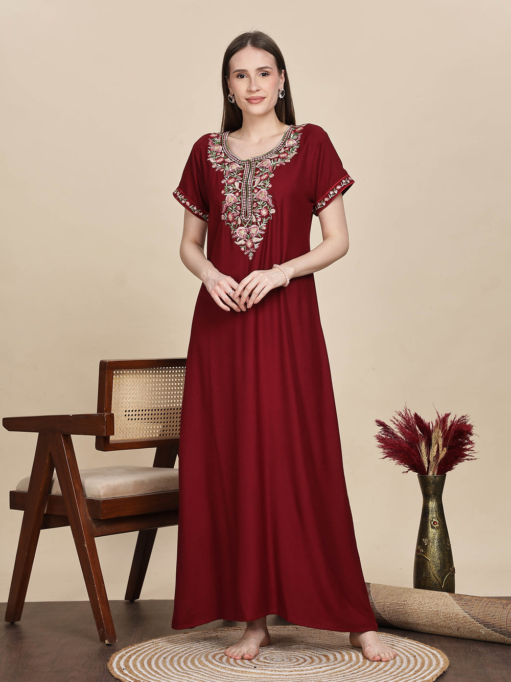 Ruby red alpine designer nighty with embroidered neck