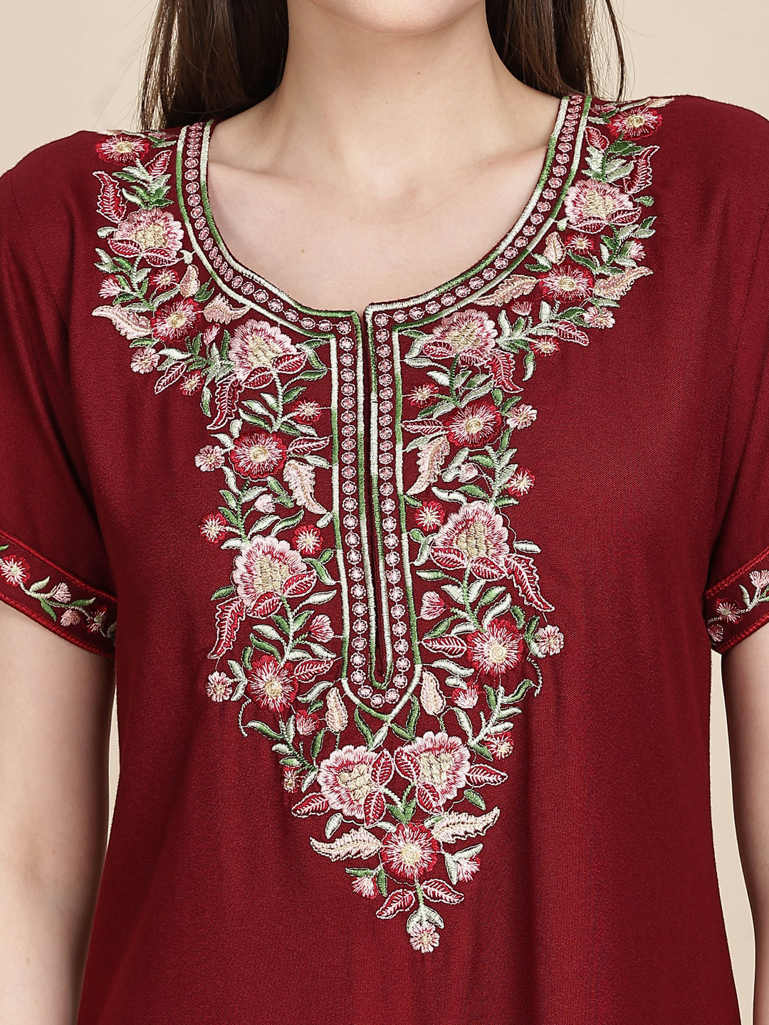 Ruby red alpine designer nighty with embroidered neck