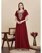 Ruby Red Alpine Designer Nighty with Embroidered Neck for Women