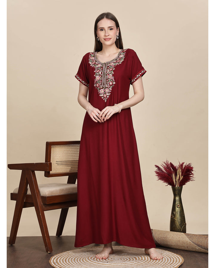 Ruby red alpine designer nighty with embroidered neck