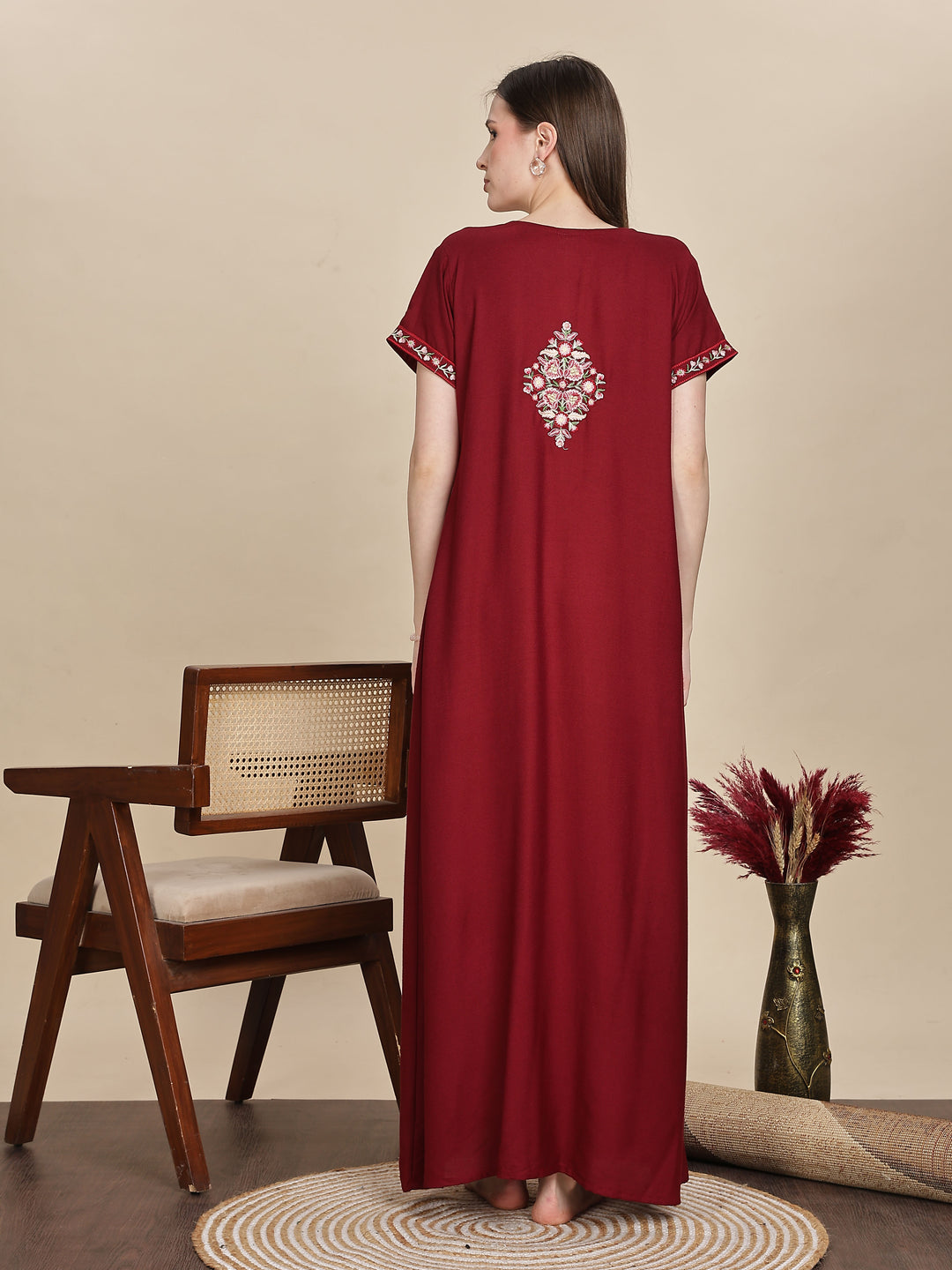 Ruby red alpine designer nighty with embroidered neck