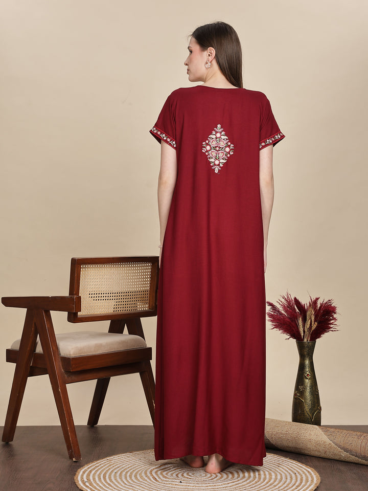 Ruby red alpine designer nighty with embroidered neck