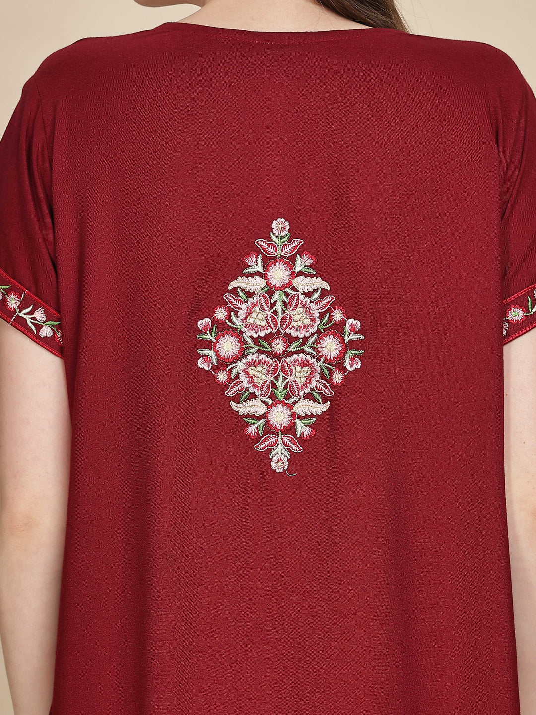 Ruby red alpine designer nighty with embroidered neck