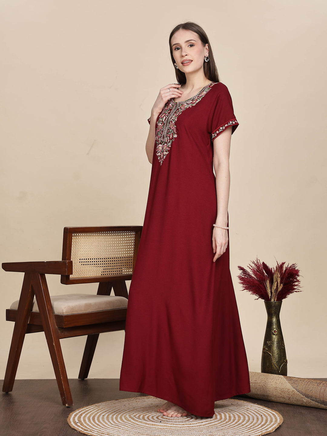 Ruby red alpine designer nighty with embroidered neck