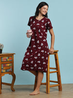 Maroon Heart Long Polo Hosiery Cotton Printed Short Nighty for Women