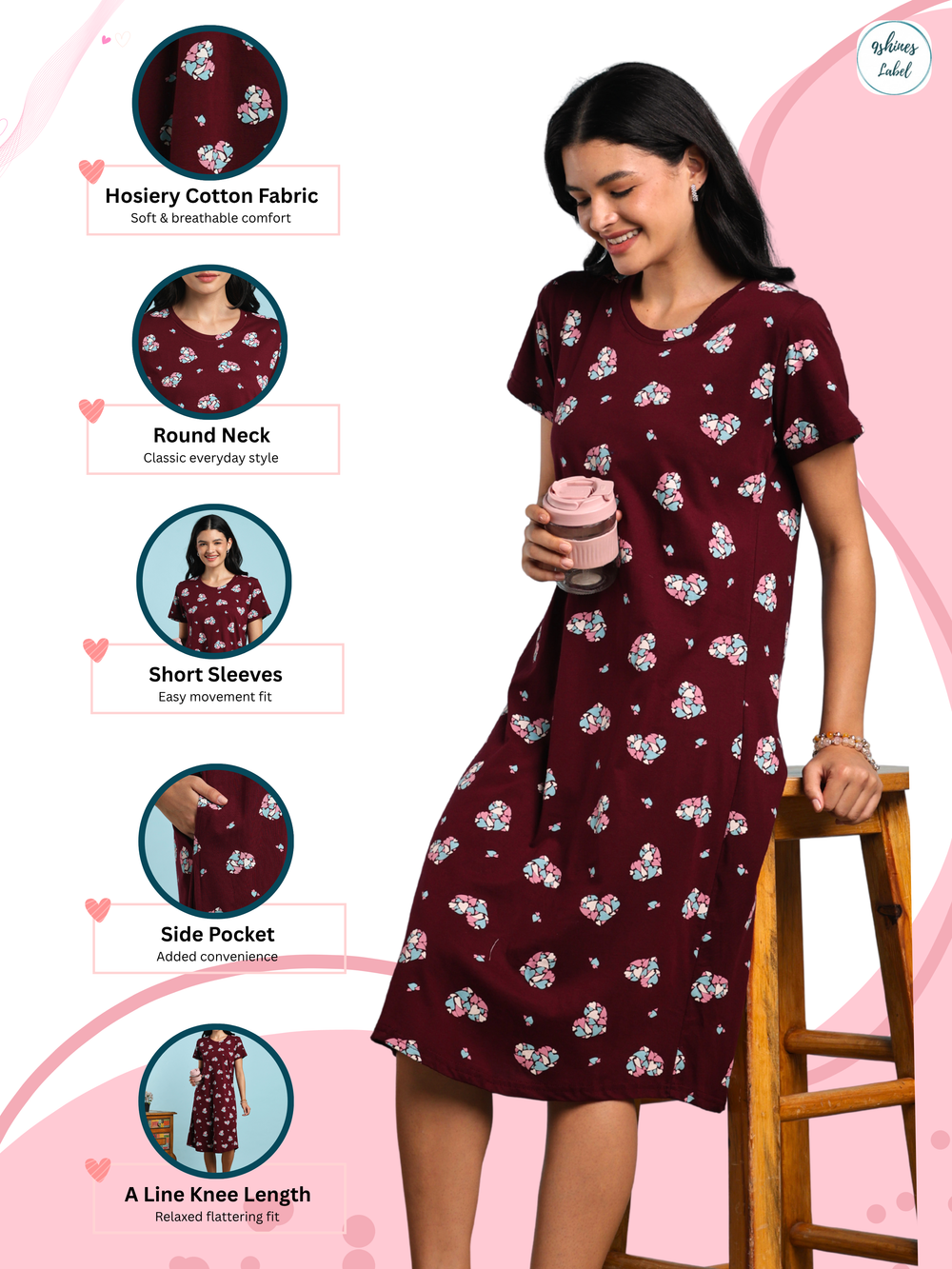 Maroon heart printed short nighty for women online