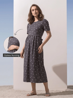 Grey Floral Print Hosiery Cotton Maternity Nighty with Feeding Flap