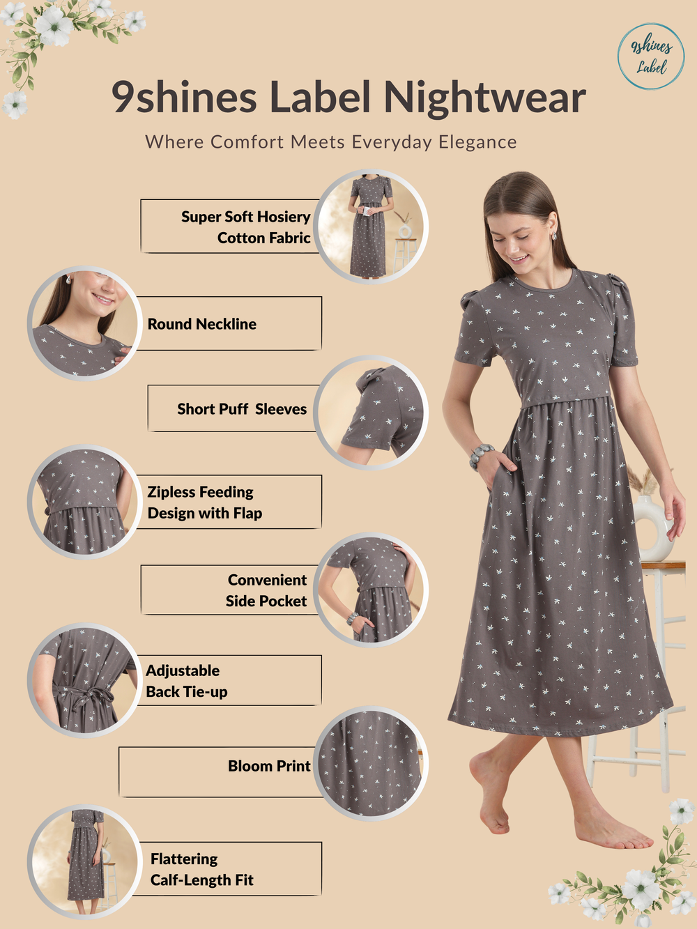 Grey floral zipless maternity nighty for women online