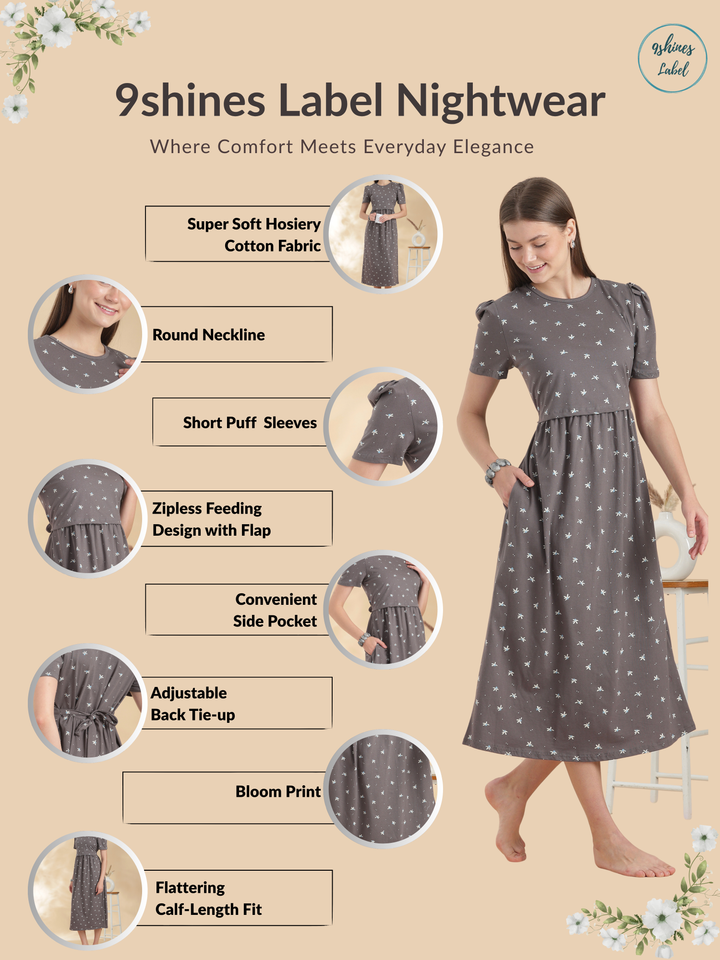 Grey floral zipless maternity nighty for women online