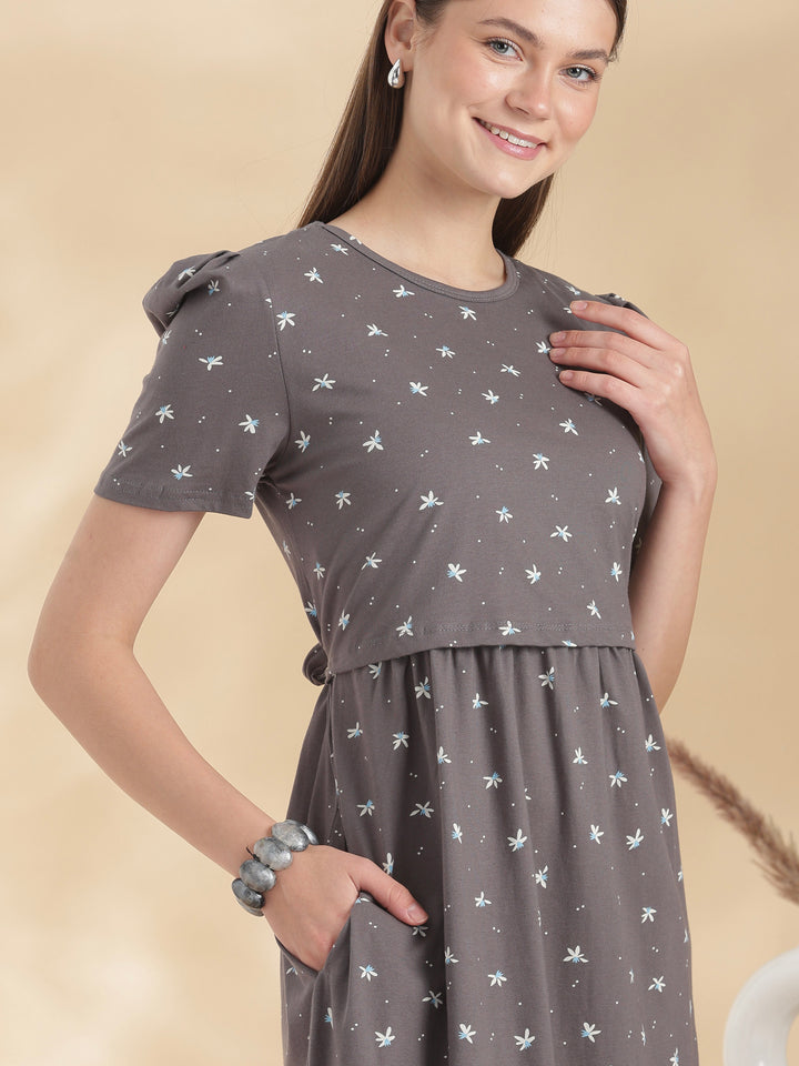Grey floral zipless maternity nighty for women online