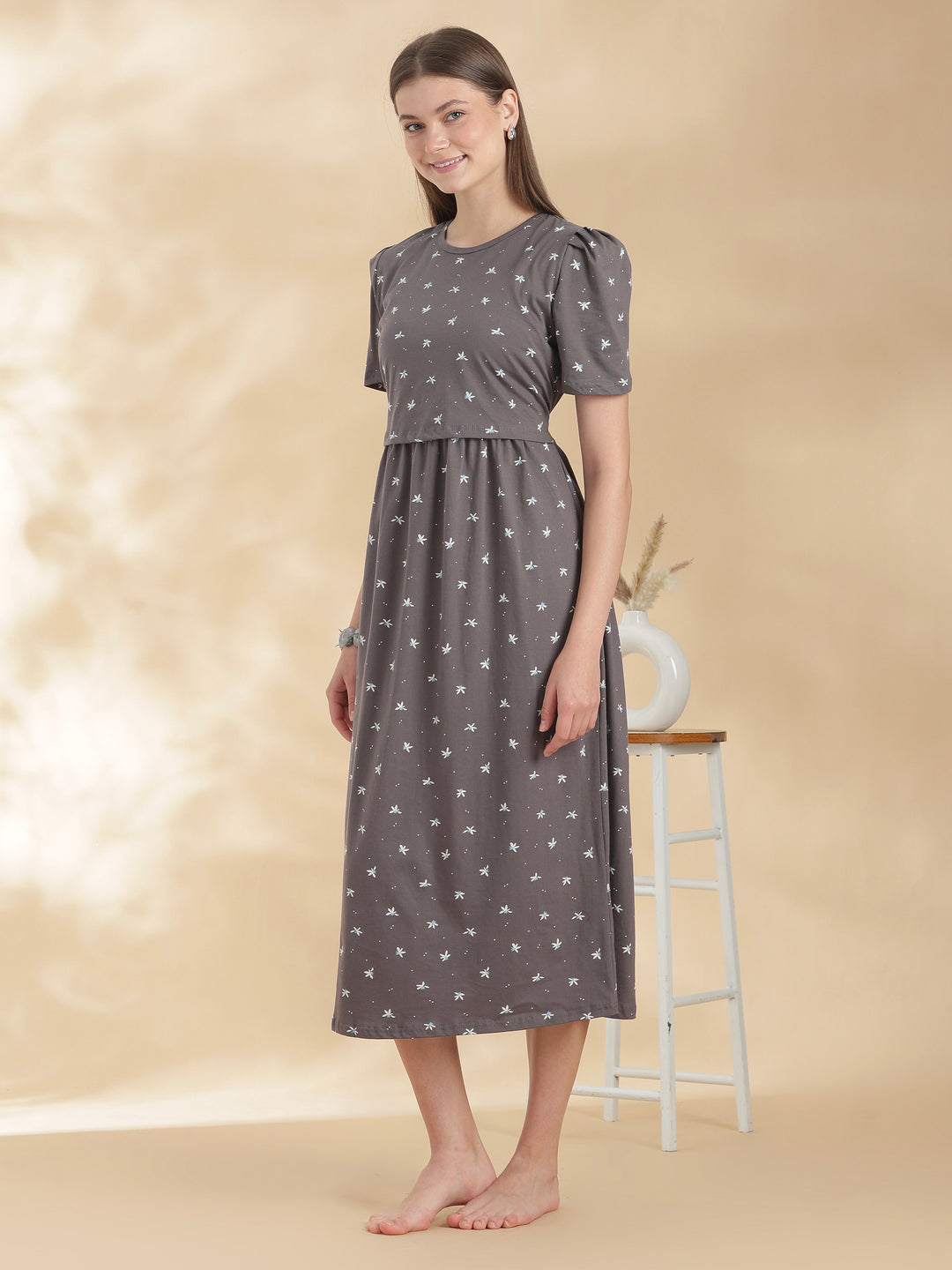 Grey floral zipless maternity nighty for women online