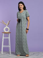 Sage Vine Print Cotton Blend Nighty for Women with Pocket