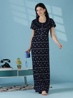Navy Floral Cotton Blend Nighty for Women Comfortable Fit