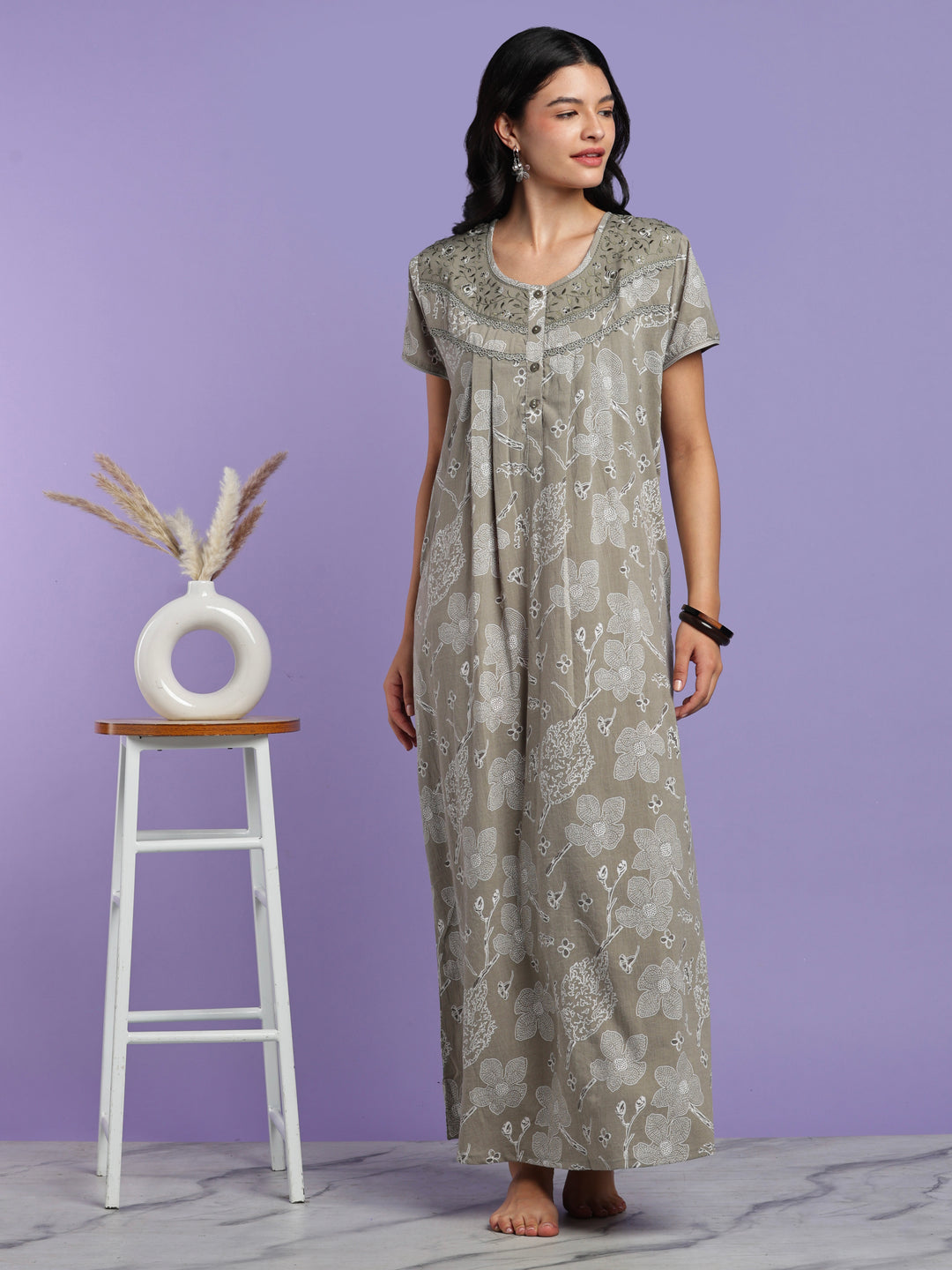 Sage floral cotton crush designer nighty for women