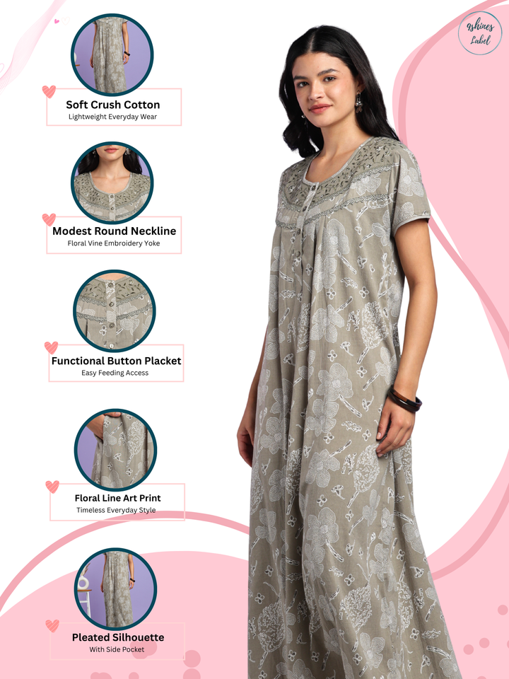 Sage floral cotton crush designer nighty for women