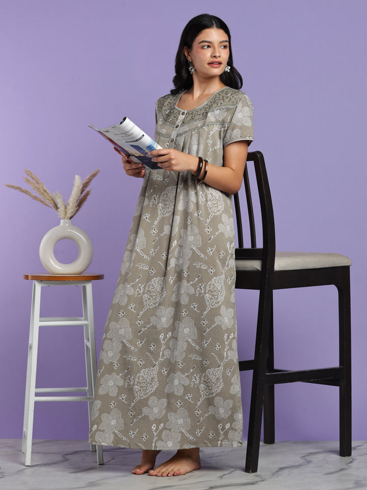 Sage floral cotton crush designer nighty for women