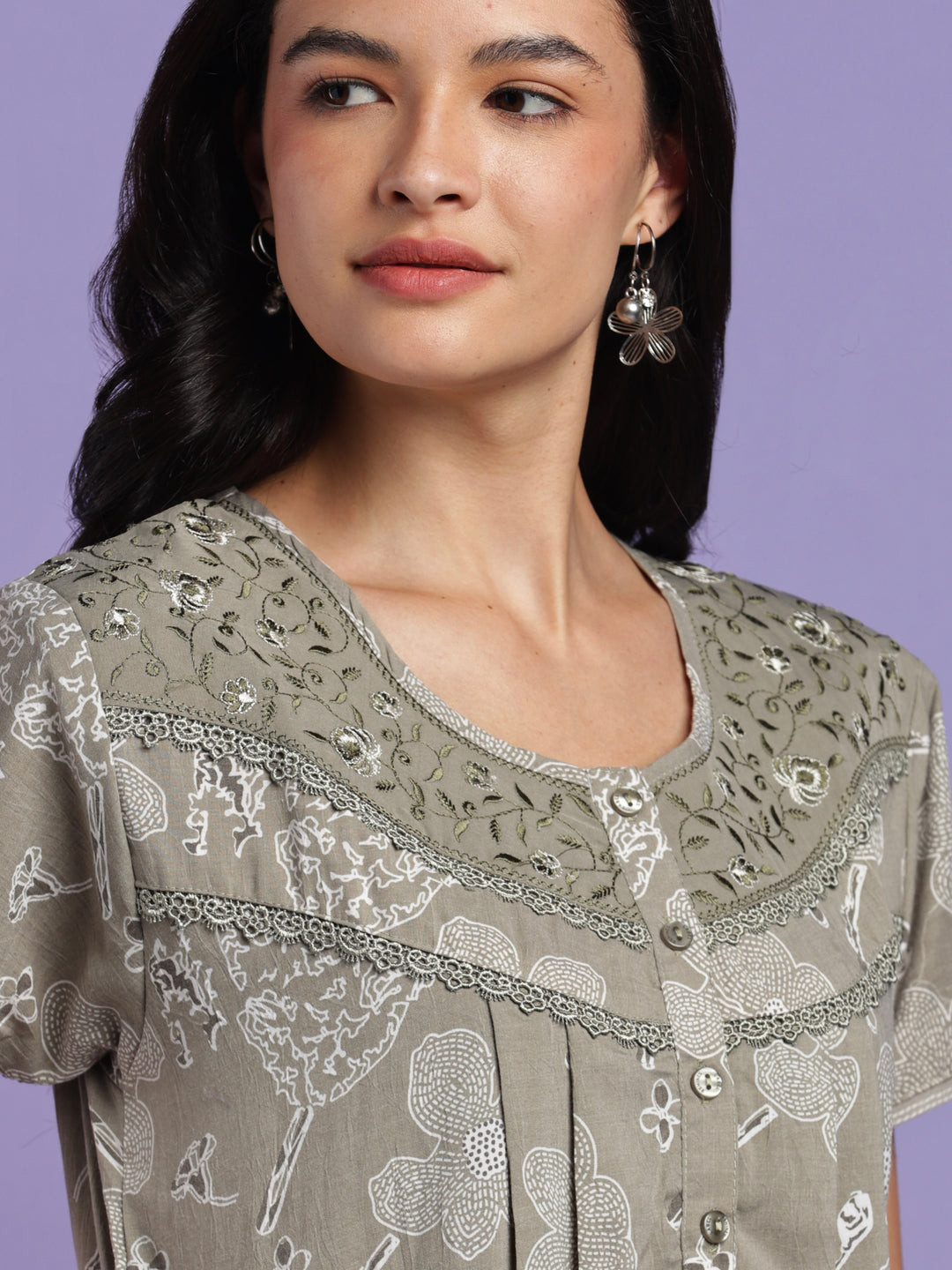 Sage floral cotton crush designer nighty for women